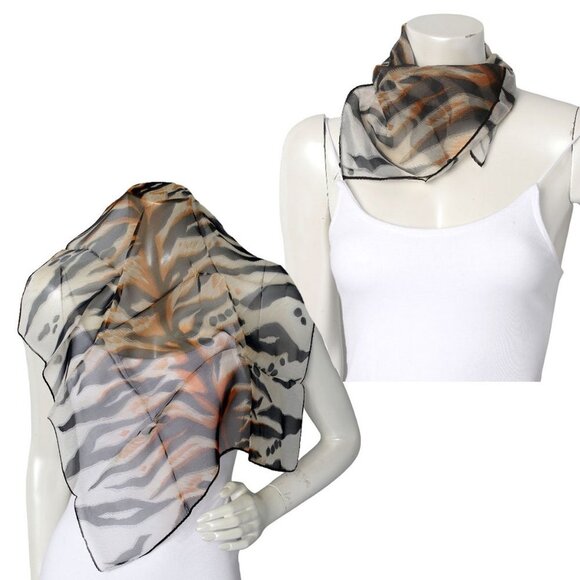 Vintage Sheer Tiger Animal Print Neck Scarf Hair Tie Black Orange Brown - Picture 1 of 4